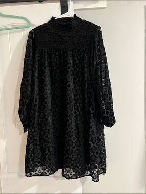 Uncle Frank Black Floral Burnout Smocked Neck Long Sleeve Dress
